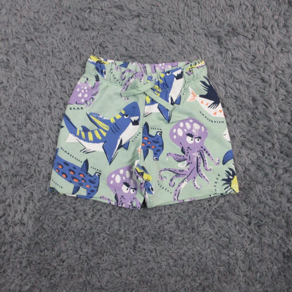 H&M Shorts Kids 2XS 3T Green Sea Creature Shark Octopus Sweat Jersey 18x3.5* NWT